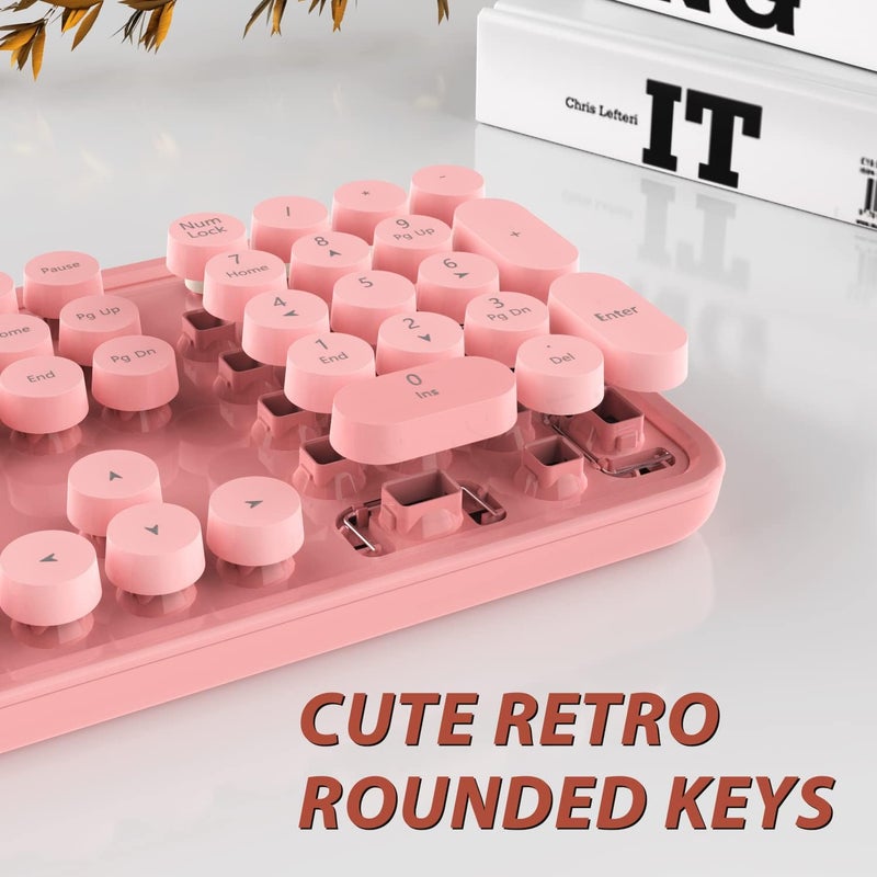 Kootop Wireless Keyboard, Cute Colorful 104 Keys Typewriter Retro Round Keycaps Keyboard for PC Laptop,Desktop,Windows, Home and Office Keyboards (Pink) - Image 2